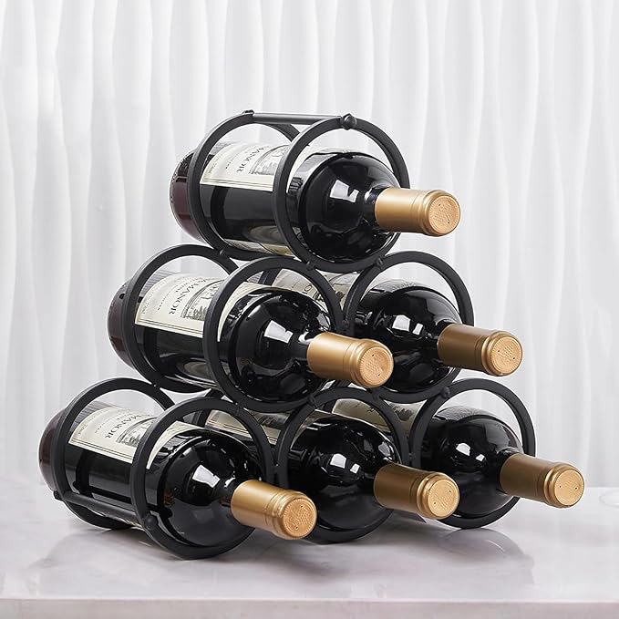 GeLive Small Tabletop Wine Rack 6 Bottles Triangle Freestanding Countertop Wine Bottle Holder Cabinet Pantry Wine Storage Stand Bottle Organizer for Coffee Bar Kitchen, Frosted Iron, Black