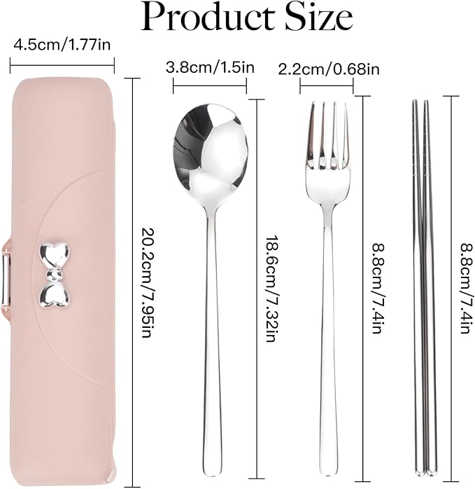 Reusable Travel Utensils with Case, Portable Cutlery for Work | Cute Silverware Set for Lunch Box, Stainless Steel Spoon Fork Chopsticks for Camping, Picnic, Food-Grade, Dishwasher Safe