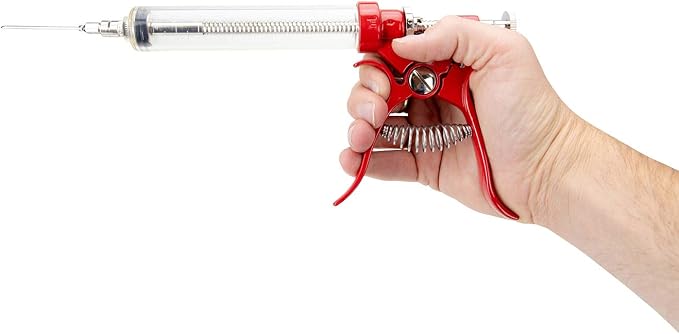 Butcher BBQ Pistol Grip Gourmet Meat Injector Syringe | Metal Handle | 50cc Pistol Grip Injection Syringe | 2 Different Needles for Different Meats | BBQ Smoker Accessories | Tailgating Accessories
