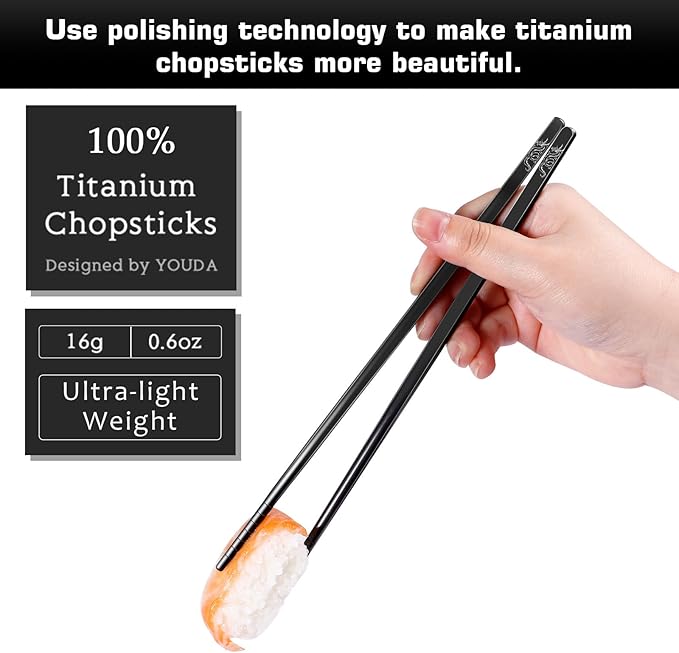 Youda 99.8% Pure TITANIUM Chopsticks 1 Pairs with Black Carrying Case Ultralight and Reusable Chopsticks for Camping, Home, Travel