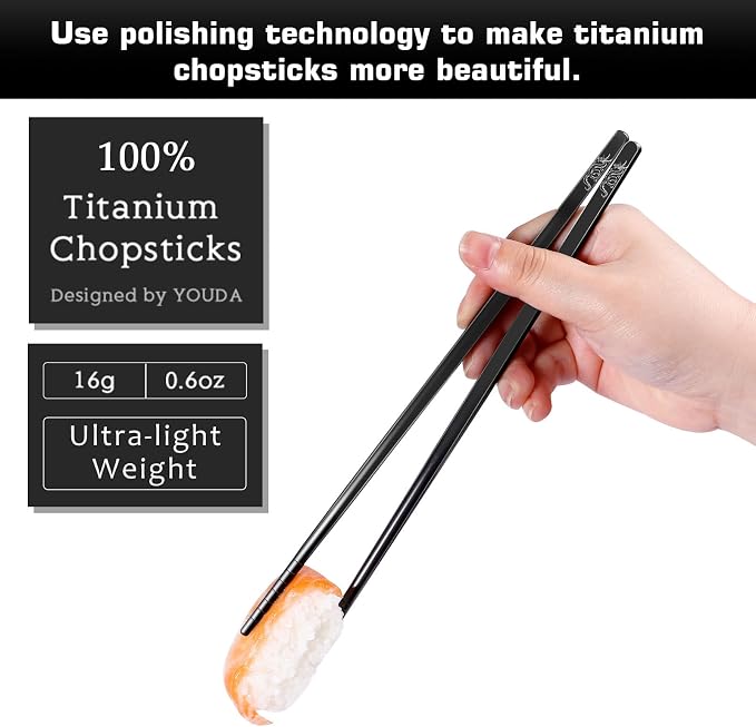 Youda 99.8% Pure TITANIUM Chopsticks Ultralight and Reusable Chopsticks for Camping, Home, Travel (2 Pairs)