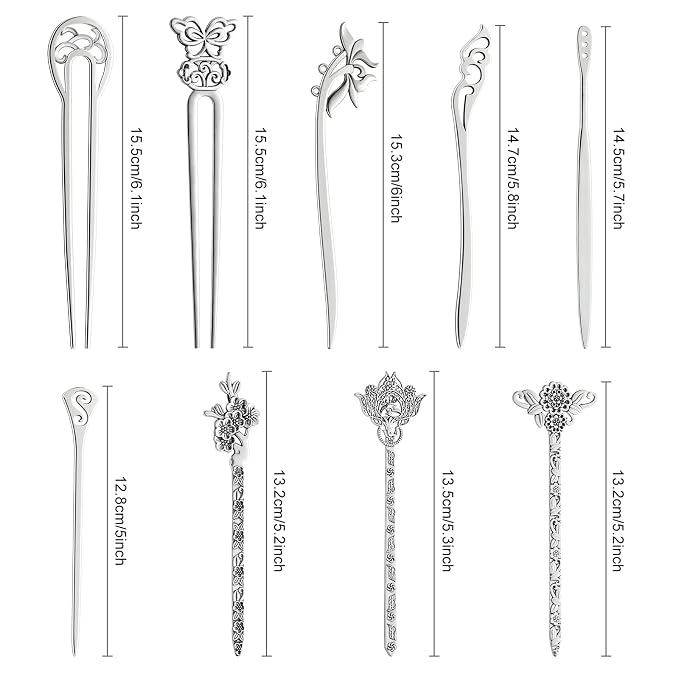 TUPARKA 18 PCS Silver Hair Sticks Vintage Hair Pins Chinese Women Hair Chopsticks Pins Retro Vintage Decorative for Hair Diy Accessory（9 Design）