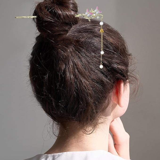 6PCS Butterfly Flower Hair Sticks for Buns Long Hair Chinese Hanfu Asian Vintage Floral Hairpins Hair Chopsticks with Pearl Tassel for Women Girls