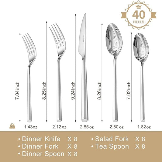 KINGSTONE 40-Piece Silverware Set, 18/10 Stainless Steel Flatware Cutlery Set with Hexagon Handle, for Hotel, Home, Party, Wedding Gift, Mirror Polish and Dishwasher Safe