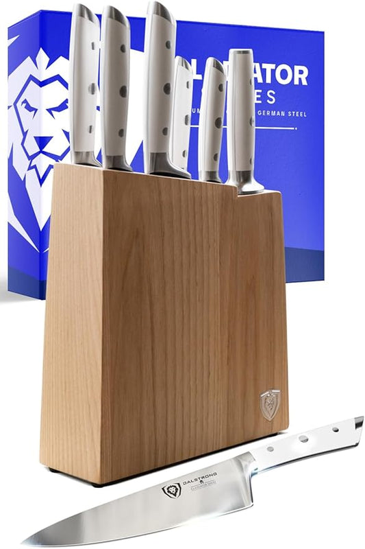 DALSTRONG Knife Set Block - 8 Piece - Gladiator Series - German High Carbon Steel Kitchen Set - Premium Food-Grade White ABS Polymer Handles - NSF Certified