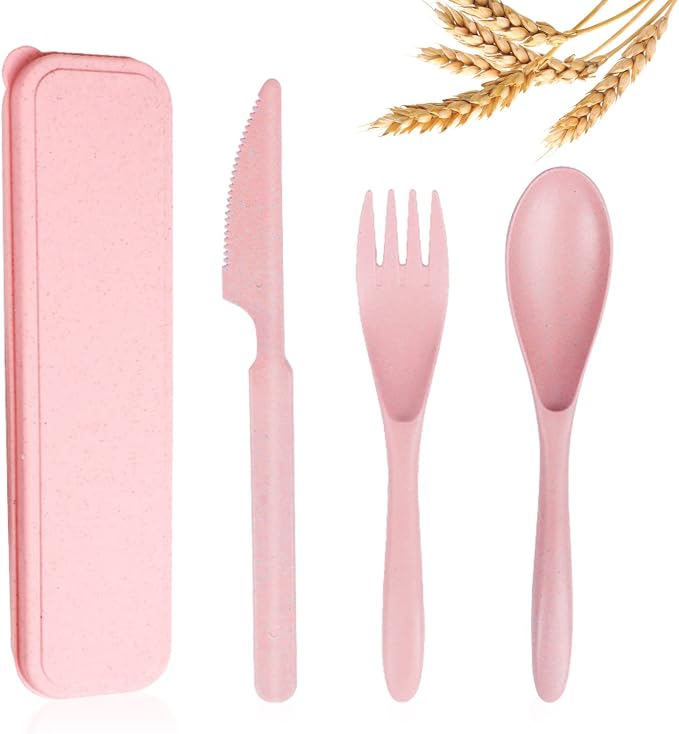 YDYTOP Reusable Travel Utensils Set with Case, Pink Wheat Straw Portable Knife Fork Spoons Tableware, Eco-Friendly BPA Free Cutlery for Kids and Adults as Travel Picnic Camping Utensils