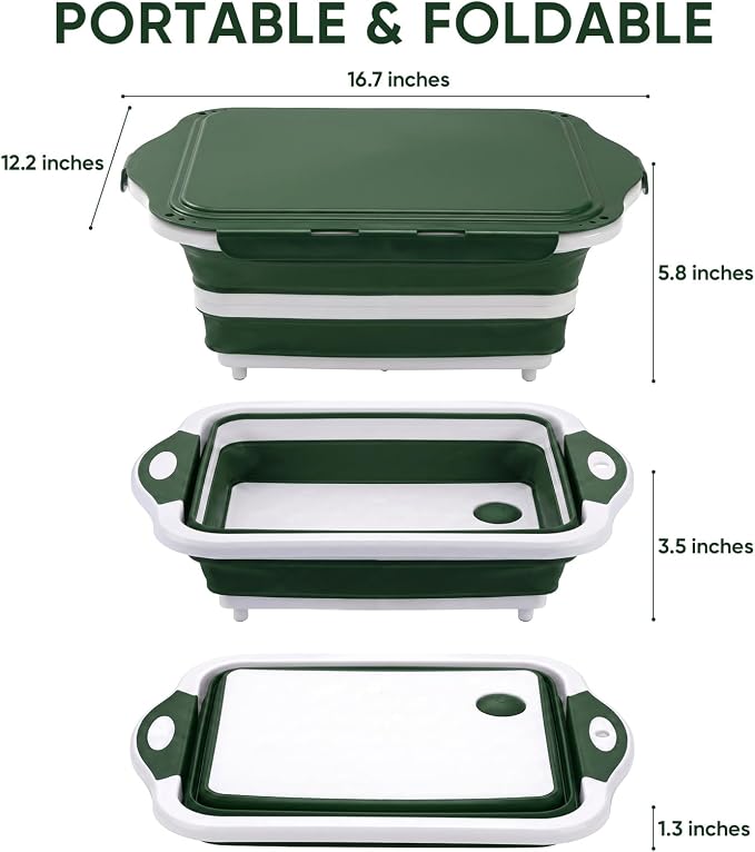 Collapsible BBQ Prep Tub with Lid, Foldable Camping Sink with Colander, Cutting Board, Dish Basin for Kitchen, Bowl, Vegetable and Fruit, Storage Basket for Picnic-Green