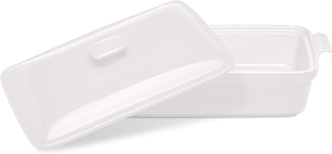 Stoneware Casserole Dish Bakeware Set with Lid, Covered Rectangular Dinnerware, Large 3.2 Quart, 11 by 9 Inch, Bianco [White]