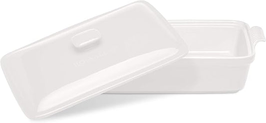 Stoneware Casserole Dish Bakeware Set with Lid, Covered Rectangular Dinnerware, Large 3.2 Quart, 11 by 9 Inch, Bianco [White]