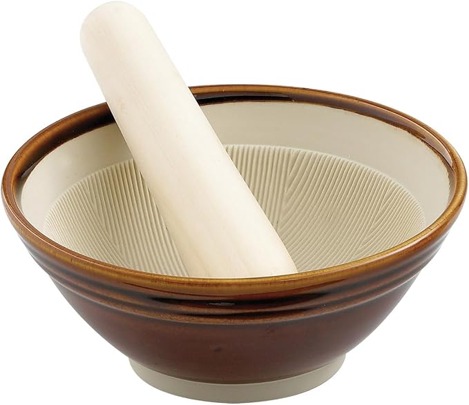 Helen's Asian Kitchen Classic Suribachi Set, Japanese Ceramic Mortar Bowl and Wooden Pestle for Grinding Sesame Seeds, Herbs, and Spices