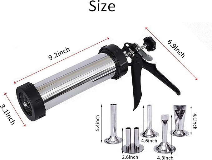 Beef Jerky Gun Kit, Stainless Steel Meat Gun with 5 Nozzles | 304 Stainless Sausage Gun with Easy squeeze Handle, 5 Nozzle Shapes, Dishwasher Safe, Quick Clean, 1.5LB Capacity