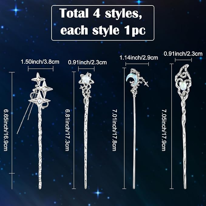 SUNNYCLUE 1 Box 4Pcs 4 Styles Moon Hair Pin Stick Chinese Hanfu Hair Sticks Silver Star Butterfly Heart Alloy Resin Asian Vintage Metal Tibetan Chopsticks for Chinese Hanfu Long Hairstyles DIY Decor