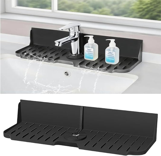 Sink Splash Guard Behind Faucet, Silicone Sink Faucet Drying Mat & Dish Soap Sponge Holder, 17" x 5.5" Silicone Kitchen Sink Auto Drain Organizer (Black)