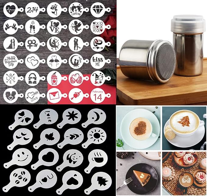 46 Coffee Stencils+2 Mesh Powder Shakers, Cake Baking Templates Coffee Decoration Stencils Coffee Art Template Coffee Mold Tool for Christmas Thanksgiving Cake Coffee Cappuccino
