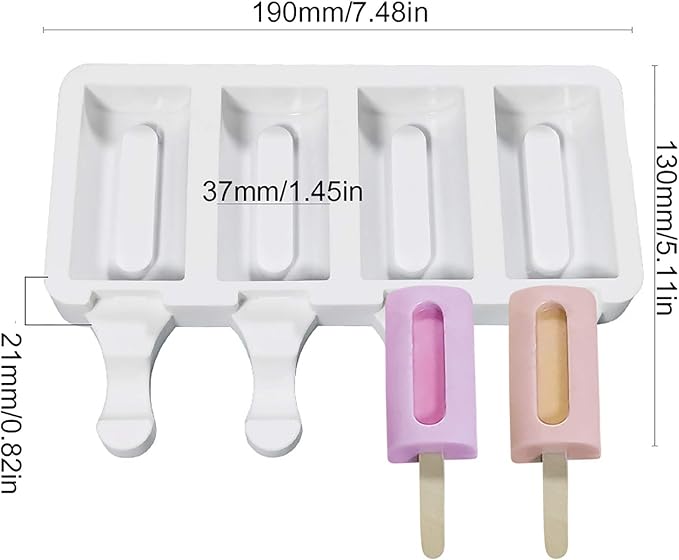 Vilihkc 2 Pack Popsicle Molds 4 Cavities Homemade Silicone Popsicle Molds for Kids Ice Pop Molds with 50 Wooden Sticks for DIY Ice Popsicle