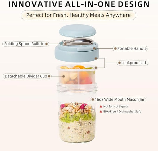 2 Pack Overnight Oats Containers with Lids and Handles, Folding Spoons & Divided Compartments for Fruit & Nuts, 16oz Glass Mason Jars for Oatmeal, Meal Prep & Breakfast (Cream/Blue)