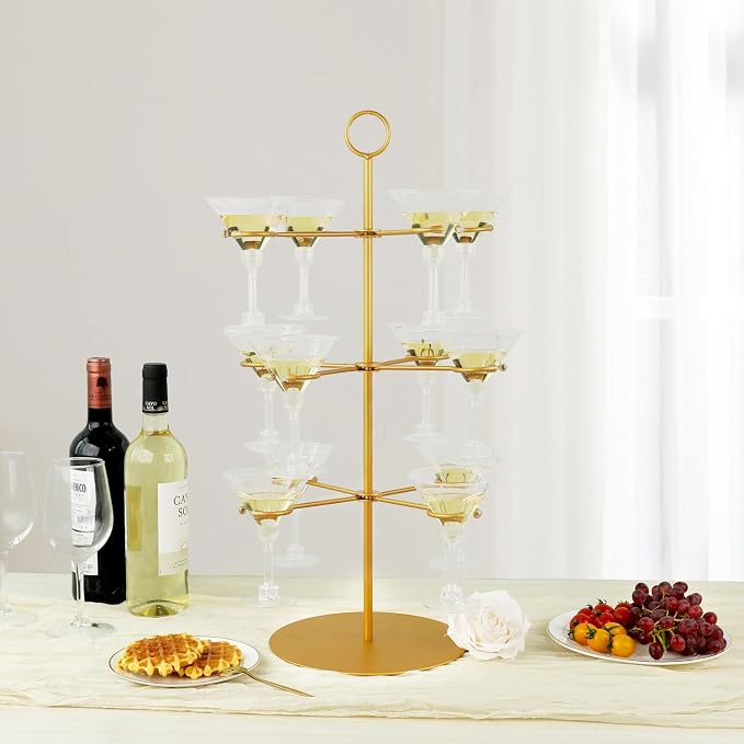 QPIX DIGITAL Champagne Tower,Metal Cocktail Tree Stand 3 Tier - 12 Holders For Champagne, Cocktails, Martini, Margarita Cups at Weddings,Bridal Parties & Events,Cocktail Glass Gold Holder