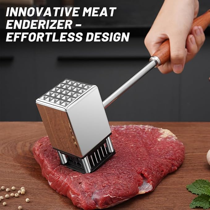 2 in 1 Stainless Steel Meat Tenderizer Hammer, Meat Mallet for Steak Pork | Non-Slip Rosewood Handle Meat Tenderizer, Dual Sides Heavy Duty Easy to Clean for Steak Beef Pork Poultry for Cooking Gift