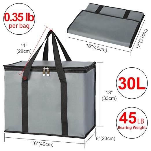 Insulated Grocery Shopping Bags, X-Large Food Delivery Bag for Delivery Drivers, Reusable Tote Cooler Bag for Travel, Dark Gray, 2-Pack