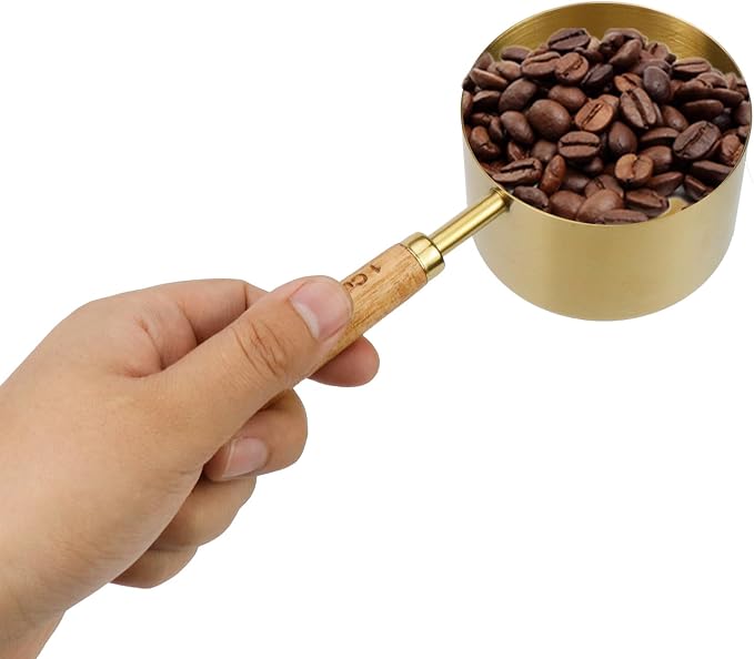 1 Cup Stainless Steel Measuring Cup with Wooden Handle, 250ml | Gold Measuring Scoop, 250ml Measuring Spoon, For Baking, Cooking, Wet and Dry Ingredients