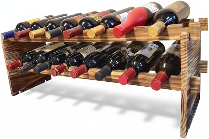 16-Bottle Stackable Wine Rack - 2-Tier Rustic Pine Wood Wine Storage, Freestanding Organizer for Kitchen, Home Bar & Dining Room - Easy Assembly