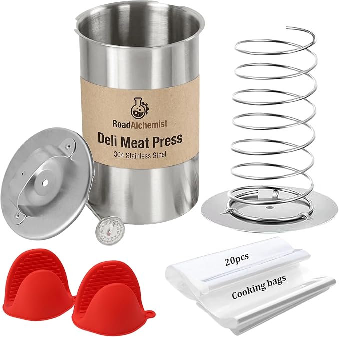 Deli Meat Press Stainless Steel with Thermometer, Lunch Meat Press Mold, Ham Maker Meat Press Tool, with 20 Cooking Bags + 2 anti-scalding clips, for Making Sandwich (Deli Meat Press Set)