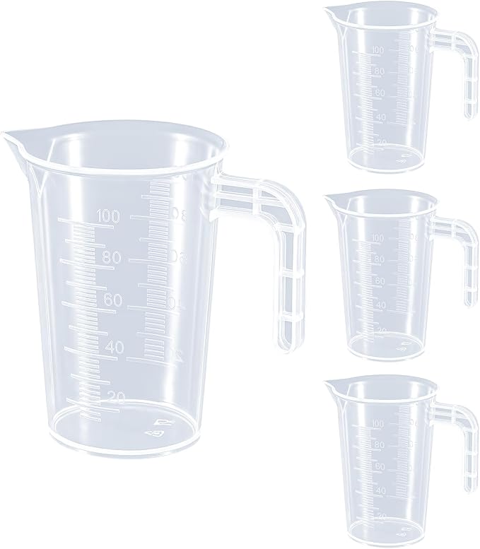 Plastic Measuring Beaker, 4 Pcs Liquid Measuring Cups, 100 ml Unbreakable Graduated Beakers with Handle and Spout, Transparent Clear Precise Markings for Kitchen Baking Lab Restaurant Use