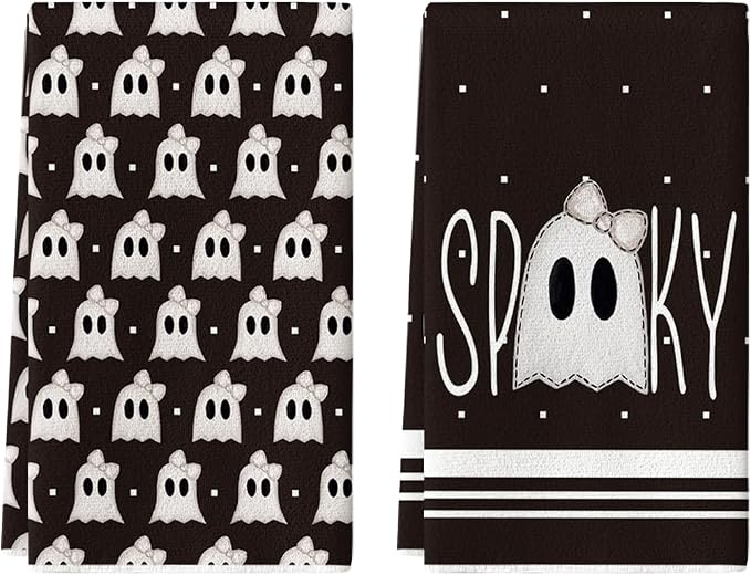 Artoid Mode Black Ghost Halloween Kitchen Towels Set of 2 18x26 Inch | Spooky Bow Knot Hand & Dish Towels,Ultra Absorbent,Seasonal Farmhouse Decoration