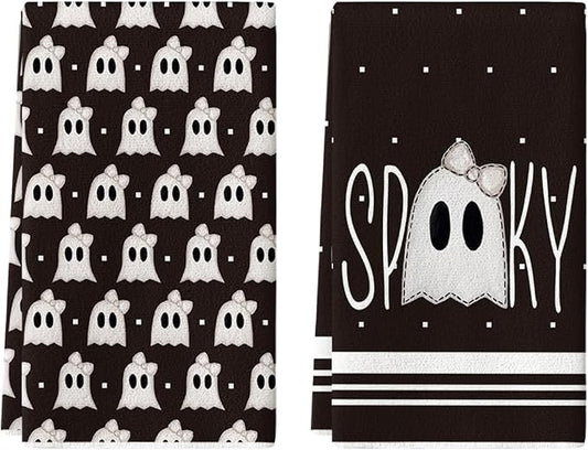 Artoid Mode Black Ghost Halloween Kitchen Towels Set of 2 18x26 Inch | Spooky Bow Knot Hand & Dish Towels,Ultra Absorbent,Seasonal Farmhouse Decoration