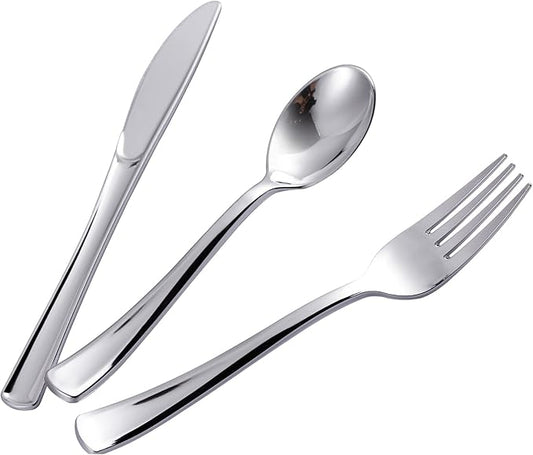 N9R 500PCS Silver Plastic Cutlery Set - 200 Forks, 150 Knives, 150 Spoons - Disposable, Premium, Sturdy - Silver, Plastic - Perfect for Gathering, Weddings, Parties
