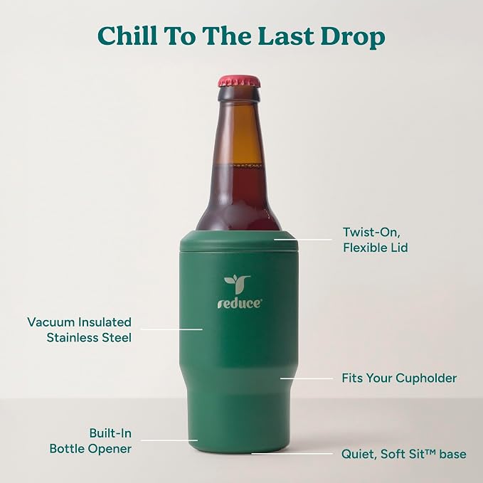 Reduce 4-in-1 Drink Cooler - Versatile Can & Bottle Holder with Vacuum Insulation - Keeps Drinks Cold Up to 4 Hours - Includes Bottle Opener - Fits Cupholders & Dishwasher Safe - 14oz - Big Green