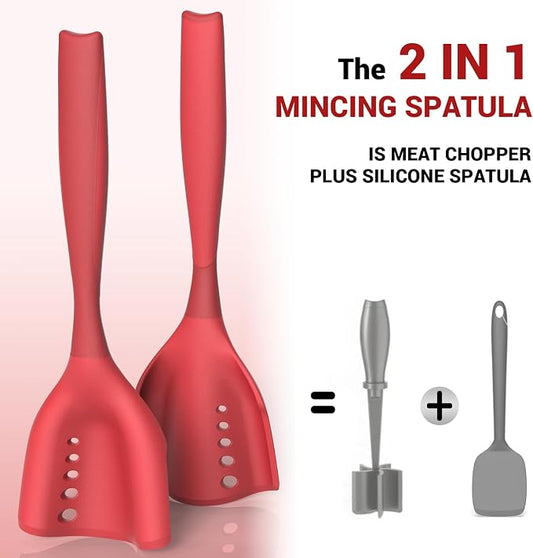 2Pack Meat Chopper Mincing Spatula, Silicone Grinder for Ground Beef | Heat Resistant, Smasher for Potato Mix Tool, Non-Scratch for Non-Stick Pans, Meat & Poultry Tenderizers, Red
