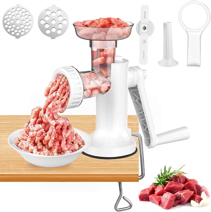 Manual Meat Grinder, Heavy Duty Meat Mincer Sausage Stuffer,Hand Grinder with Stainless Steel Blades for Meat, Sausage, Cookies, Easy to Clean(3 in 1,White)