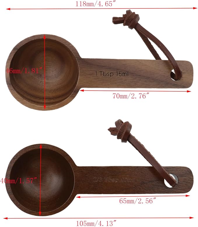 15ml and 10ml Wood Measuring Spoons and Scoops Set Wooden Tablespoon Scoop 1 TBSP and 2/3 TBSP Retro Coffee Spoons for Dry Ingredients Ground Tea Spice (Walnut Color, 1TBSP+2/3TBSP)