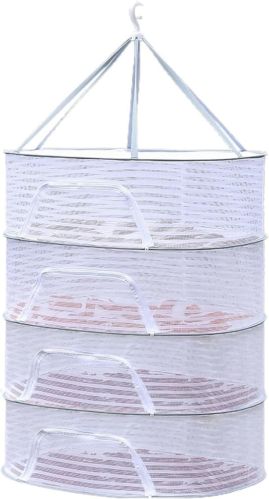 Foldable Drying Net for Vegetables, Fish, and Dehydrated Goods, Multi-Tiered Food Drying Net, Versatile Drying Rack, Windproof Design, Zipper Closure for Insect Protection 4Layer White