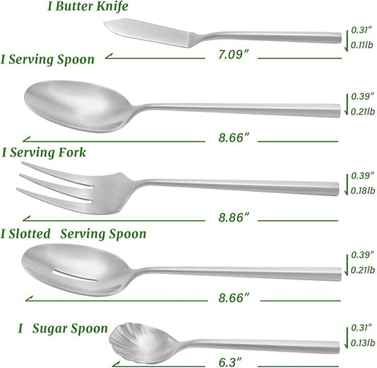 DEACORY 5-Piece Silverware Stainless Steel Matte Finished Flatware Thick Heavy Hexagon Cutlery Serving Utensils Set