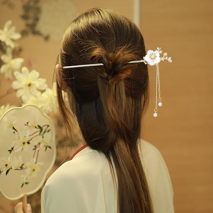 inSowni 8 Pieces Retro Vintage Asian Japanese Chinese Hanfu Rhinestone Gold Metal Flower Hair Sticks with Flower Pearl Crystal Fox Butterfly Hair Pins Forks Chopsticks Bun Updo Holders for Women Girls