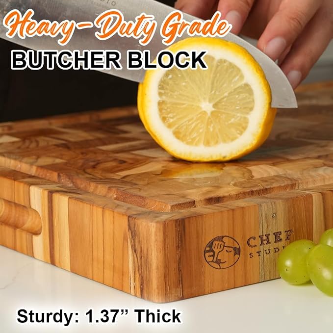 Large Teak Wood Cutting Board, End Grain Butcher Block for Kitchen, Big Wooden Kitchen Christmas, Thanksgiving Gifts for Hostess, Reversible, Hand Grips, Size 15.8x11x1.37 inch