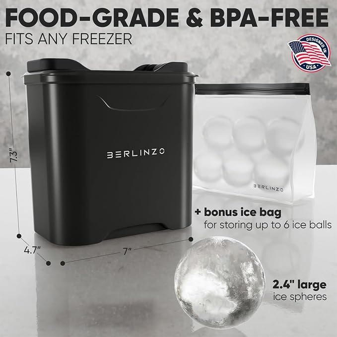 Berlinzo Ice Ball Maker Mold - 2 Clear 2.4in Whiskey Spheres, Non-Electric