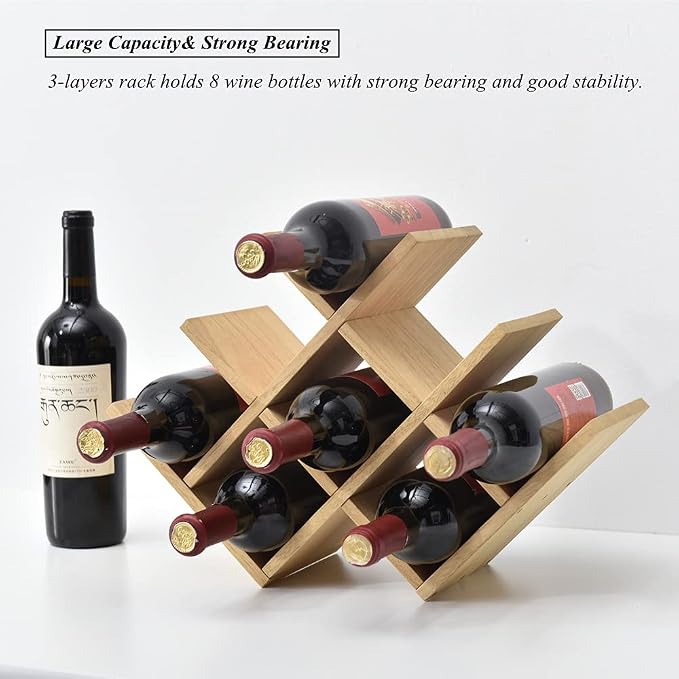 KIRIGEN Wooden Wine Rack, 8-Bottle 3-Tier Countertop Wine Holder, Natural | 16.73 x 5.91 x 11.14 In, Holds 8 Standard Wine Bottles for Cabinets, Pantry Shelves, and Kitchen Counter, Assembly Required