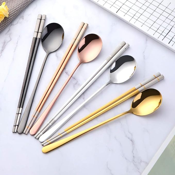 Buyer Star 4 color Square Chopsticks and Spoons Set Metal Stainless Steel Spoons Chopsticks Set