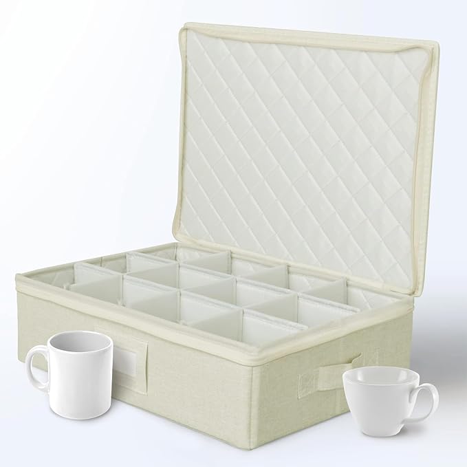 storageLAB Cup & Mug Storage Case | Hard Shell Felt Dividers | Cream | Hard shell case holds 12 cups or mugs in 4x4 felt compartments. Stackable, top-load, dual handles. Cream linen finish.