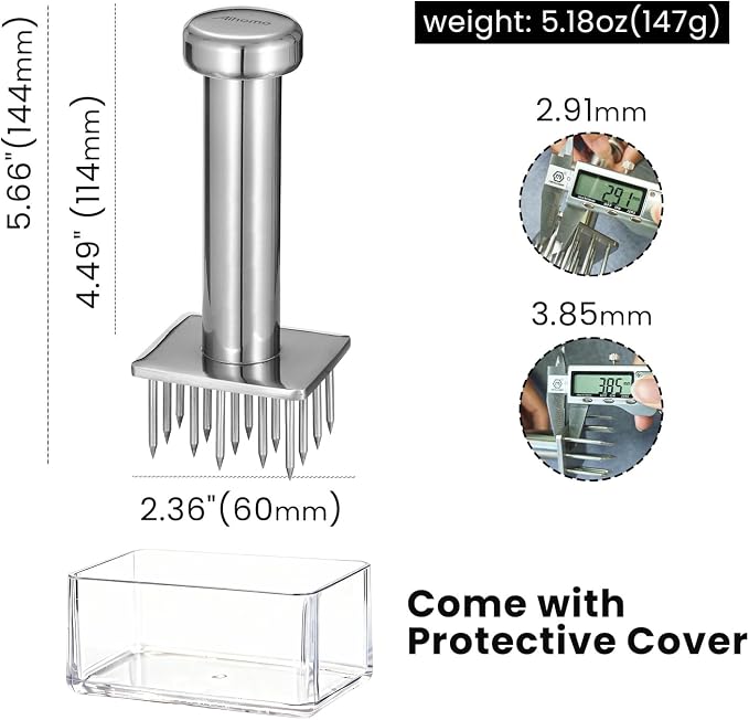 304 Stainless Steel Meat Tenderizer Tool, Sharp Long Needles for Thick Cuts | Square 18-needle head reaches deep into meat for faster marinating, Dishwasher safe, Cover included