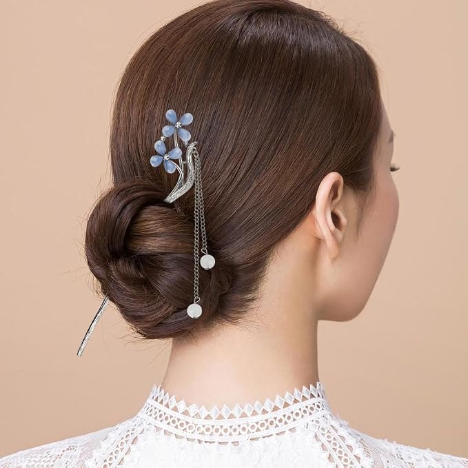 3PCS Hair Sticks for Buns Long Hair Chinese Hanfu Asian Vintage Hair Chopsticks Metal Silver