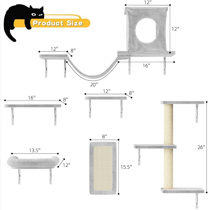 NUNU LAB Cat Wall Shelves, 6 Pcs Luxury Wall-Mounted Cat Climber Set, Indoor Cat Furniture with 1 Condos House, 2 Cat Wall Shelves, 1 Scratching, 1 Bridge Ladder, 1 Scratching Pad, Light Grey