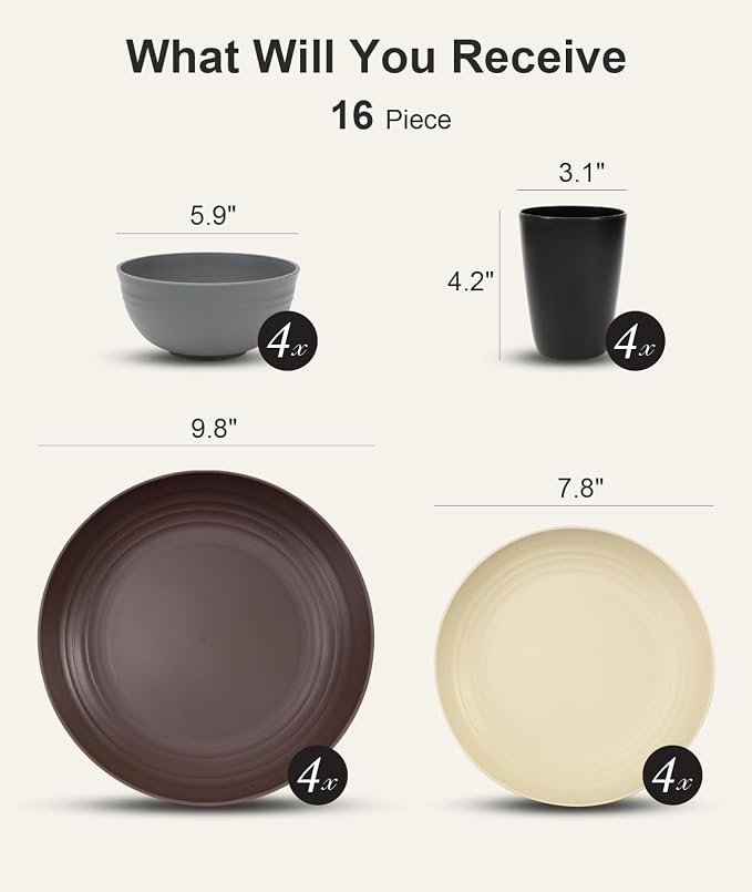 Quatish 16 Piece Plates and Bowls Sets for 4, Unbreakable Dinnerware Sets, Plastic Dish Set for Camping, Dishwasher Microwave Safe, Outdoor Kitchen and Apartment Dorm Dinning RV Essentials, Brown