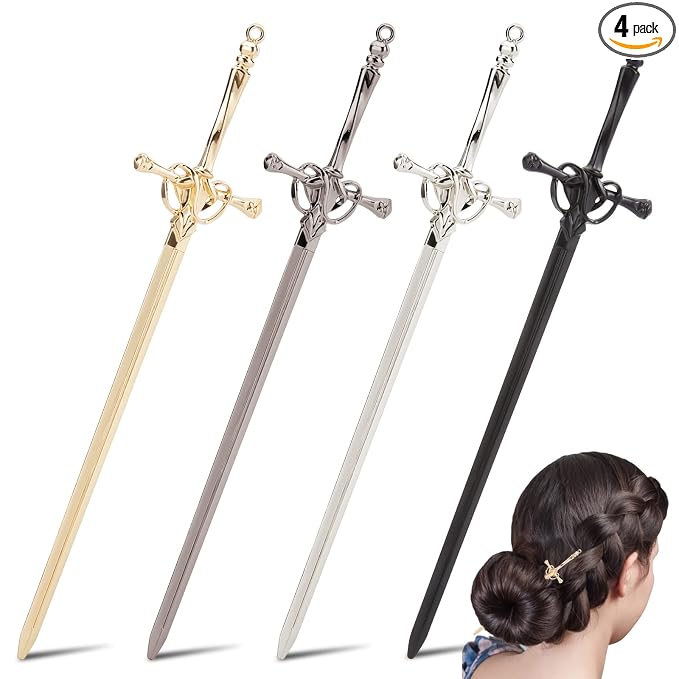 WEBEEDY 4 PCS Sword Hair Pins Metal Sword Hair Sticks for Buns, Chinese Style Hair Chopsticks Vintage Hair Stick Pins Accessories for Women Long Thick Hair Daily Wear Christmas Unique Gift (4 Color)