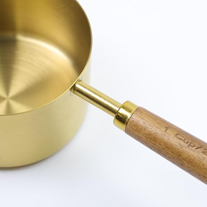 1 Cup Stainless Steel Measuring Cup with Wooden Handle, 250ml | Gold Measuring Scoop, 250ml Measuring Spoon, For Baking, Cooking, Wet and Dry Ingredients