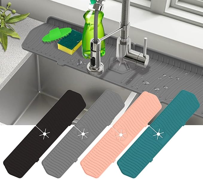 2 Pack Kitchen Faucet Sink Splash Guard, 24" x 5.6'' Upgrade Silicone Faucet Water Catcher Mat, Sink Draining Pad Behind Faucet, Rubber Drying Mat for Countertop, Bathroom, Farmhouse, RV (Green)