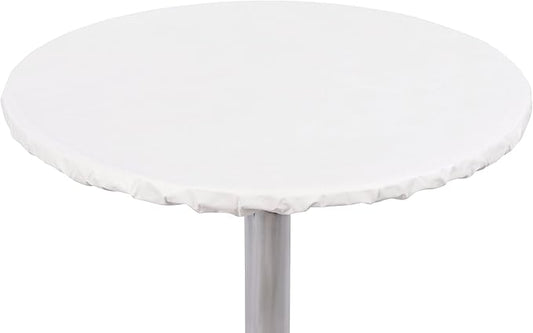 Yourtablecloth Heavy Duty Vinyl Round Fitted Tablecloth (Table Cover) with Flannel Backing Vibrant Colors Elasticized Tablecloth Great for Indoor and Outdoor Dining and Playing Cards 60” White